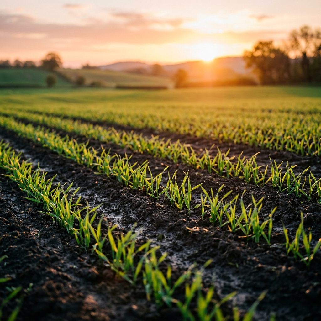 Healthy crop field at sunrise