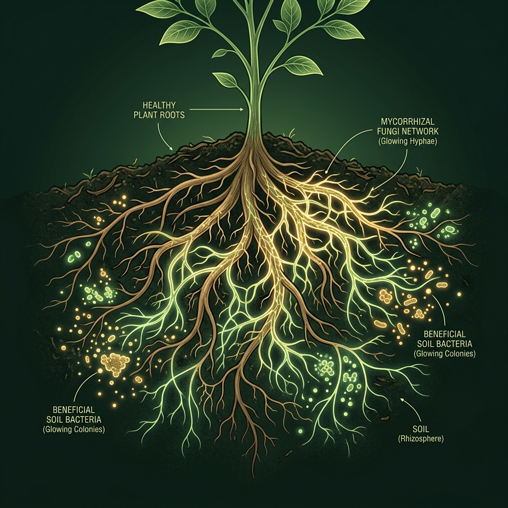 Microbial networks illustration in soil