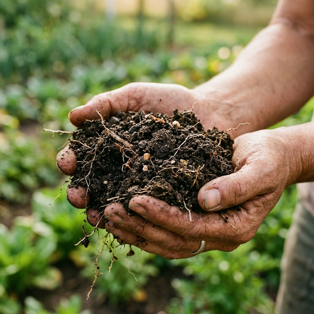 Farmer holding rich organic soil in hands